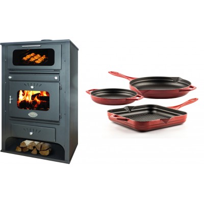 Set Kaminofen, Holzofen Wasserführend mit Backfach Zvezda, Model GF VR 16, Leistung 15.4kW + Gusseisen Topf Set aus 3 teilen Solagio, Rubin - Kaminofen - Holzofen mit Backfach