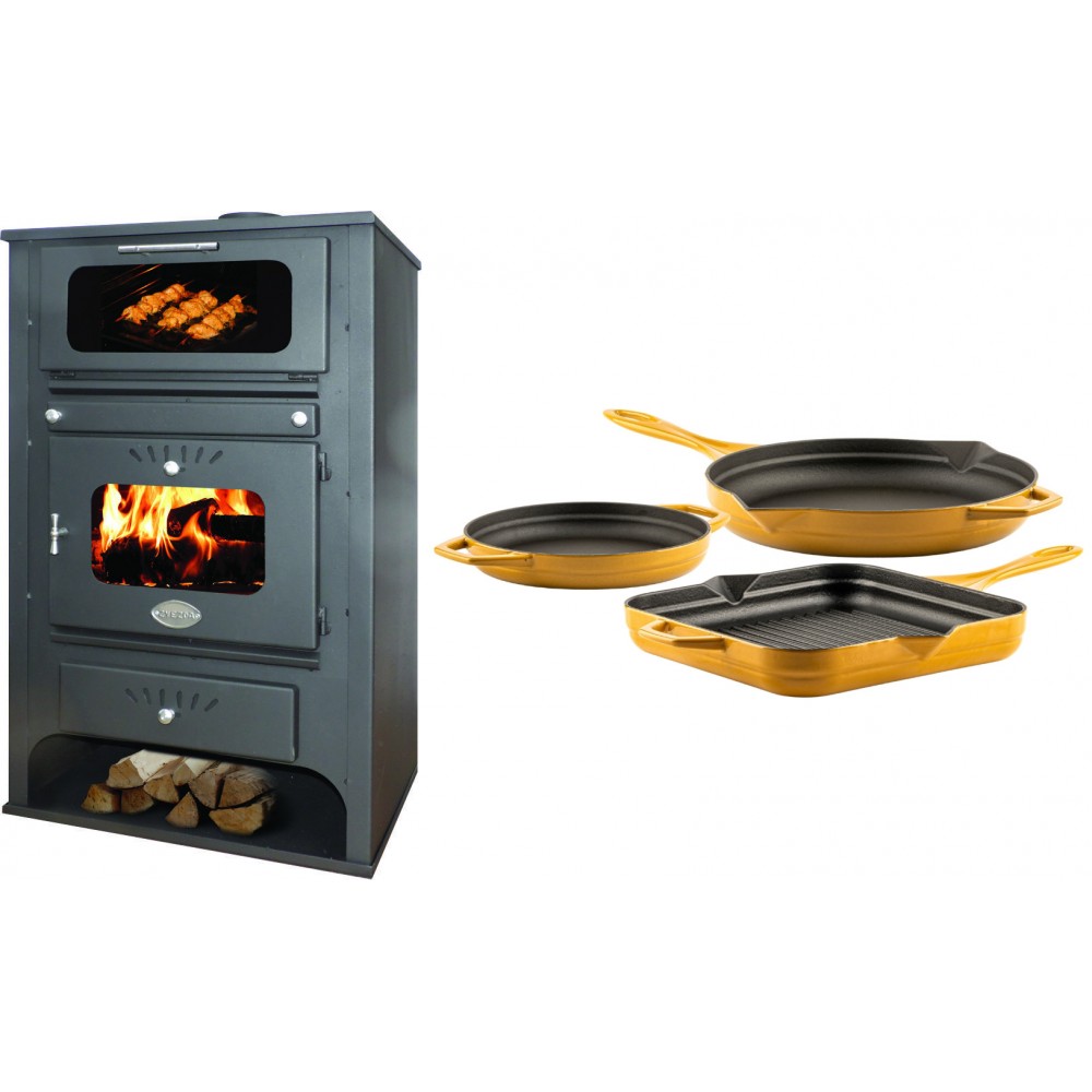 Set Kaminofen, Holzofen Wasserführend mit Backfach Zvezda, Model GF VR 16, Leistung 15.4kW + Gusseisen Topf Set aus 3 teilen Solagio, Dijon