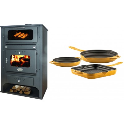 Set Kaminofen, Holzofen Wasserführend mit Backfach Zvezda, Model GF VR 16, Leistung 15.4kW + Gusseisen Topf Set aus 3 teilen Solagio, Dijon - Kaminofen - Holzofen mit Backfach