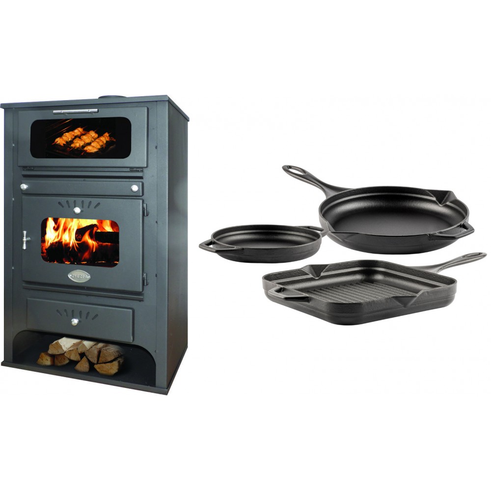 Set Kaminofen, Holzofen Wasserführend mit Backfach Zvezda, Model GF VR 16, Leistung 15.4kW + Gusseisen Topf Set aus 3 teilen Solagio, Black Onyx | Wasserführender Kaminofen | Kaminofen |