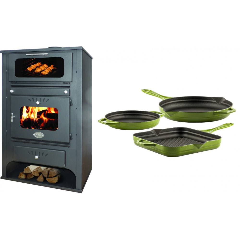 Set Kaminofen, Holzofen Wasserführend mit Backfach Zvezda, Model GF VR 16, Leistung 15.4kW + Gusseisen Topf Set aus 3 teilen Solagio, Bamboo