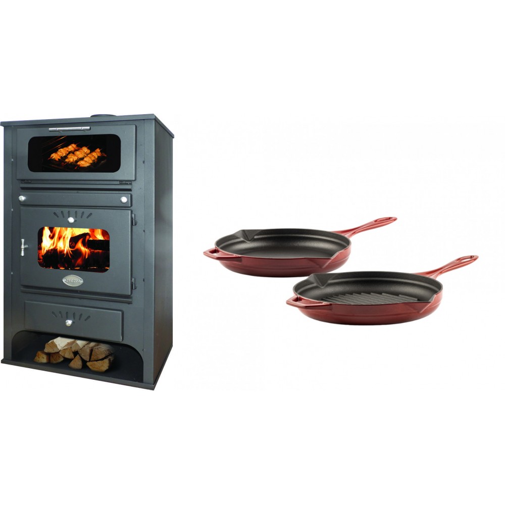 Set Kaminofen, Holzofen Wasserführend mit Backfach Zvezda, Model GF VR 16, Leistung 15.4kW + Gusseisen Topf Set aus 2 teilen Solagio, Rubin