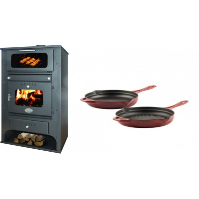 Set Kaminofen, Holzofen Wasserführend mit Backfach Zvezda, Model GF VR 16, Leistung 15.4kW + Gusseisen Topf Set aus 2 teilen Solagio, Rubin - Kaminofen - Holzofen mit Backfach