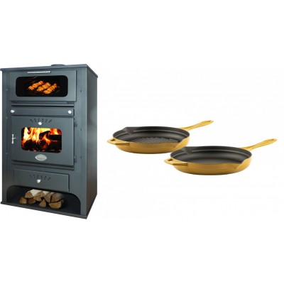 Set Kaminofen, Holzofen Wasserführend mit Backfach Zvezda, Model GF VR 16, Leistung 15.4kW + Gusseisen Topf Set aus 2 teilen Solagio, Dijon - Kaminofen - Holzofen mit Backfach