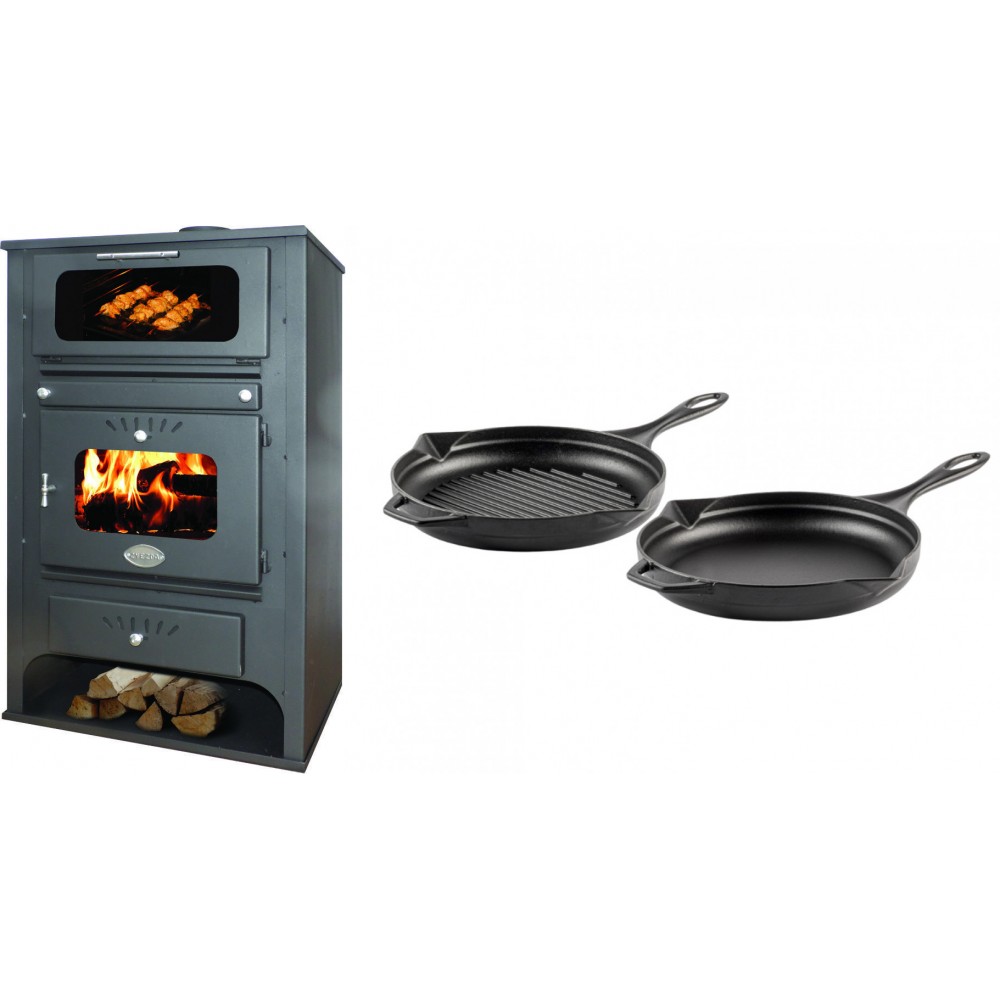 Set Kaminofen, Holzofen Wasserführend mit Backfach Zvezda, Model GF VR 16, Leistung 15.4kW + Gusseisen Topf Set aus 2 teilen Solagio, Black Onyx | Wasserführender Kaminofen | Kaminofen |