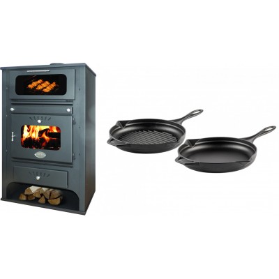 Set Kaminofen, Holzofen Wasserführend mit Backfach Zvezda, Model GF VR 16, Leistung 15.4kW + Gusseisen Topf Set aus 2 teilen Solagio, Black Onyx - Kaminofen - Holzofen mit Backfach