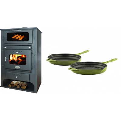 Set Kaminofen, Holzofen Wasserführend mit Backfach Zvezda, Model GF VR 16, Leistung 15.4kW + Gusseisen Topf Set aus 2 teilen Solagio, Bamboo - Kaminofen - Holzofen mit Backfach