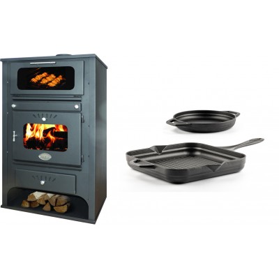 Set Kaminofen, Holzofen Wasserführend mit Backfach Zvezda, Model GF VR 16, Leistung 15.4kW + Gusseisen Topf Set aus 2 teilen Solagio, Black Onyx - Kaminofen - Holzofen mit Backfach