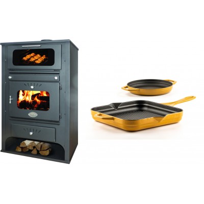 Set Kaminofen, Holzofen Wasserführend mit Backfach Zvezda, Model GF VR 16, Leistung 15.4kW + Gusseisen Topf Set aus 2 teilen Solagio, Dijon - Kaminofen - Holzofen mit Backfach