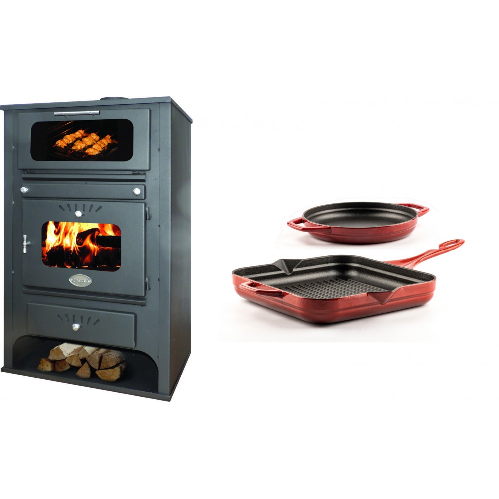 Set Kaminofen, Holzofen Wasserführend mit Backfach Zvezda, Model GF VR 16, Leistung 15.4kW + Gusseisen Topf Set aus 2 teilen Solagio, Rubin