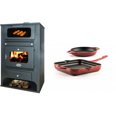 Set Kaminofen, Holzofen Wasserführend mit Backfach Zvezda, Model GF VR 16, Leistung 15.4kW + Gusseisen Topf Set aus 2 teilen Solagio, Rubin - Kaminofen - Holzofen mit Backfach