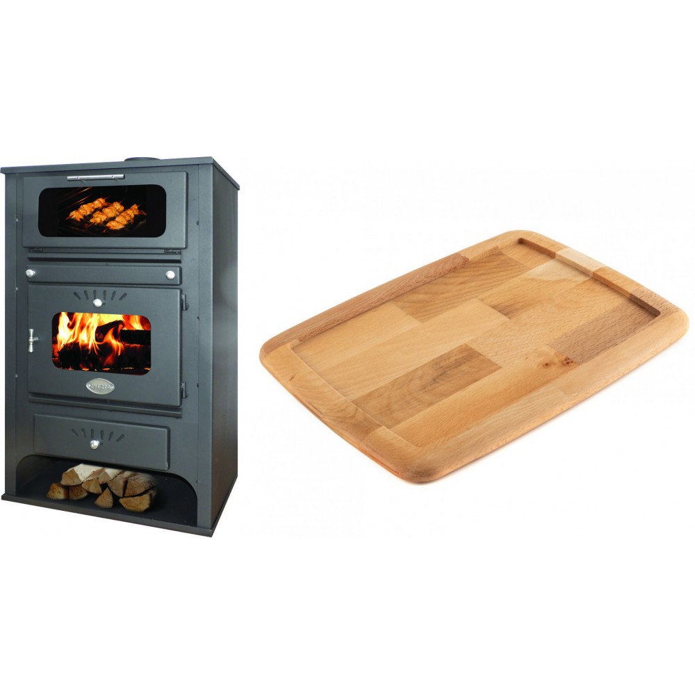 Set Kaminofen, Holzofen Wasserführend mit Backfach Zvezda, Model GF VR 16, Leistung 15.4kW + Holz untersetzer für gusseisenplatte Solagio HSST2131