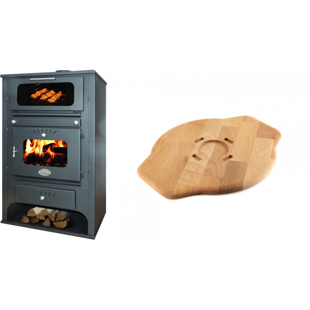 Set Kaminofen, Holzofen Wasserführend mit Backfach Zvezda, Model GF VR 16, Leistung 15.4kW + Holz untersetzer für Gusseisenplatte Solagio HSYSAK28 | Wasserführender Kaminofen | Kaminofen |