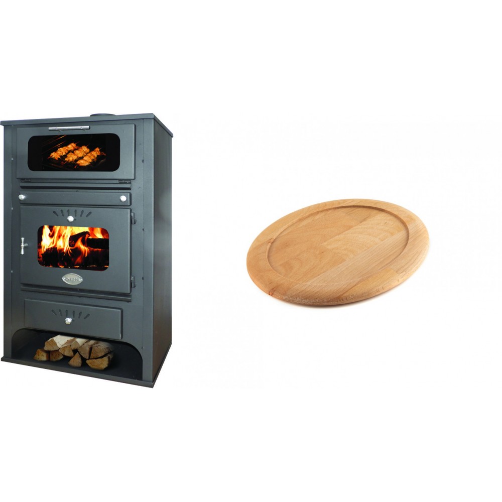 Set Kaminofen, Holzofen Wasserführend mit Backfach Zvezda, Model GF VR 16, Leistung 15.4kW + Holz untersetzer für ovale gusseisenpfanne Solagio HSFT1825 | Wasserführender Kaminofen | Kaminofen |