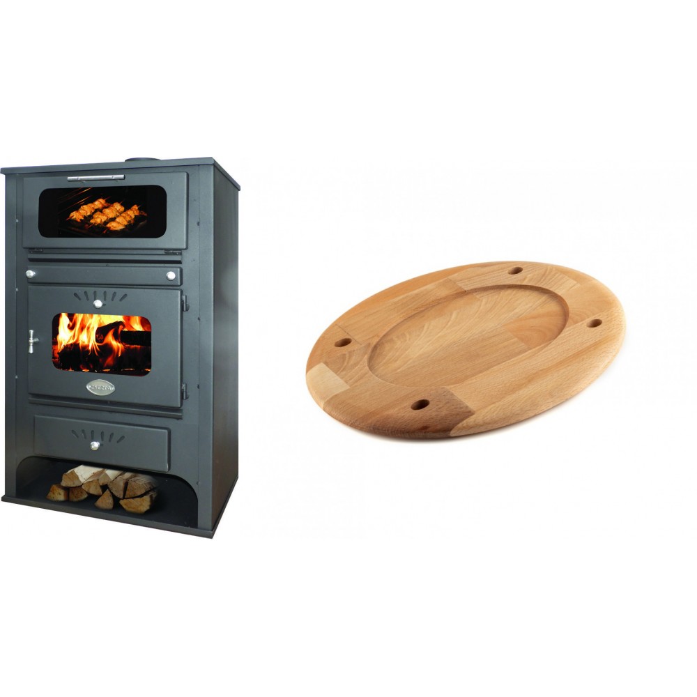 Set Kaminofen, Holzofen Wasserführend mit Backfach Zvezda, Model GF VR 16, Leistung 15.4kW + Holz untersetzer für ovale platte Solagio HSOISK2533, 25x33cm | Wasserführender Kaminofen | Kaminofen |