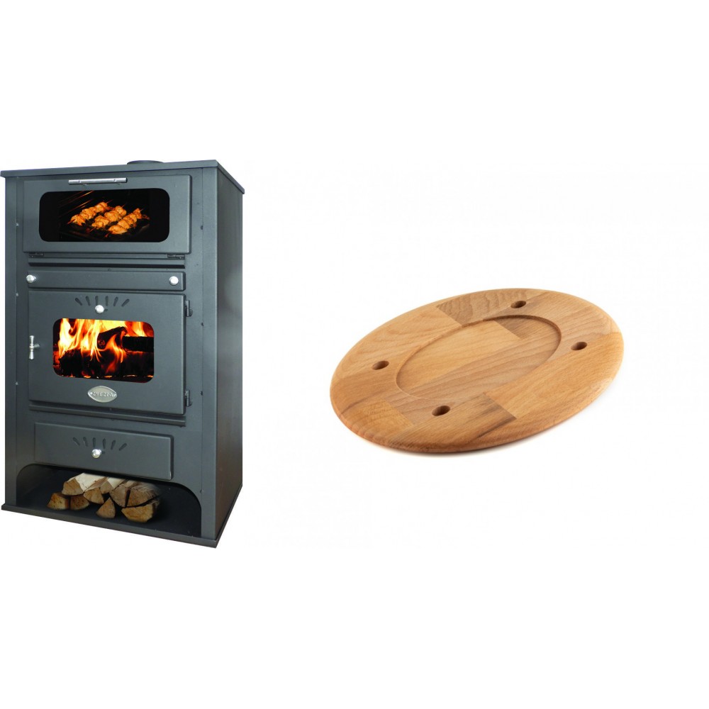 Set Kaminofen, Holzofen Wasserführend mit Backfach Zvezda, Model GF VR 16, Leistung 15.4kW + Holz untersetzer für ovale platte Solagio HSOISK1728, 17x28cm