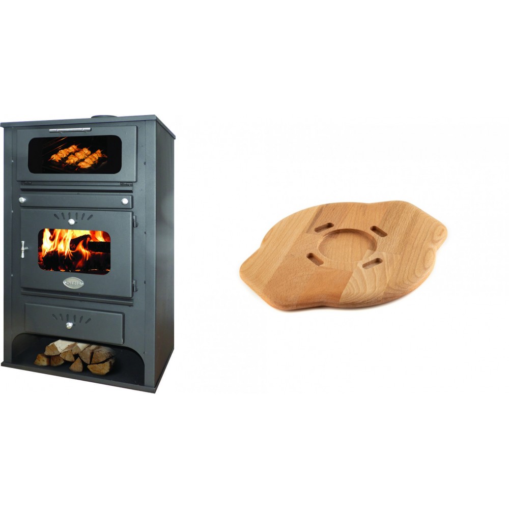 Set Kaminofen, Holzofen Wasserführend mit Backfach Zvezda, Model GF VR 16, Leistung 15.4kW + Holz untersetzer für gusseisenplatte Solagio HSYSAK20