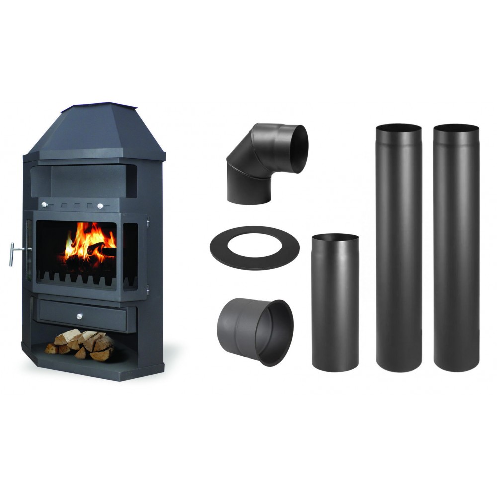 Set Kaminofen, Holzofen Zvezda, Modell Fantasia, Leistung 10.8 kW + Schornstein Bausatz PARKANEX, Stahl Ø130, Dicke 2mm