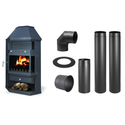 Set Kaminofen, Holzofen Zvezda, Modell Fantasia, Leistung 10.8 kW + Schornstein Bausatz PARKANEX, Stahl Ø130, Dicke 2mm - Holzofen