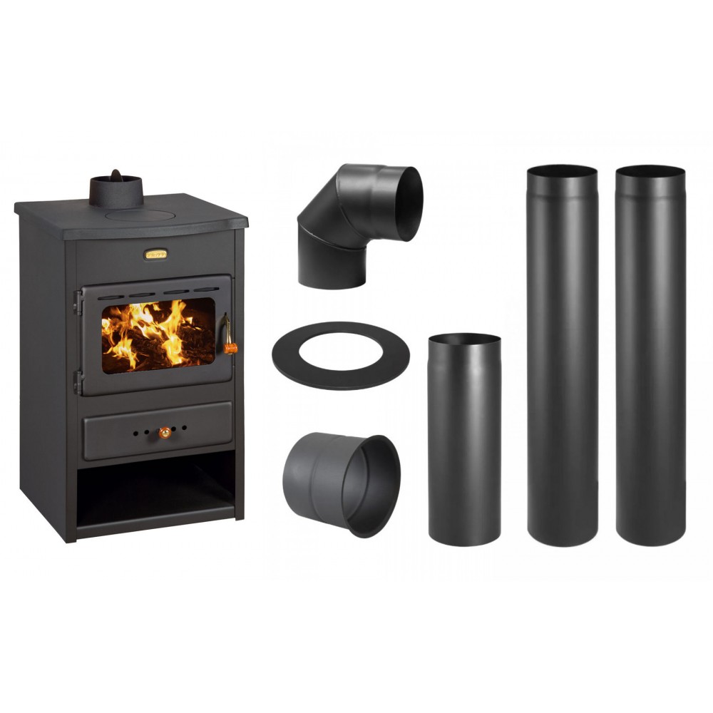 Set Kaminofen, Holzofen PRITY K1 CP, Obere Platte aus Gusseisen, Leistung 9.5 kW + Schornstein Bausatz PARKANEX, Stahl Ø130, Dicke 2mm | Holzofen | Kaminofen |