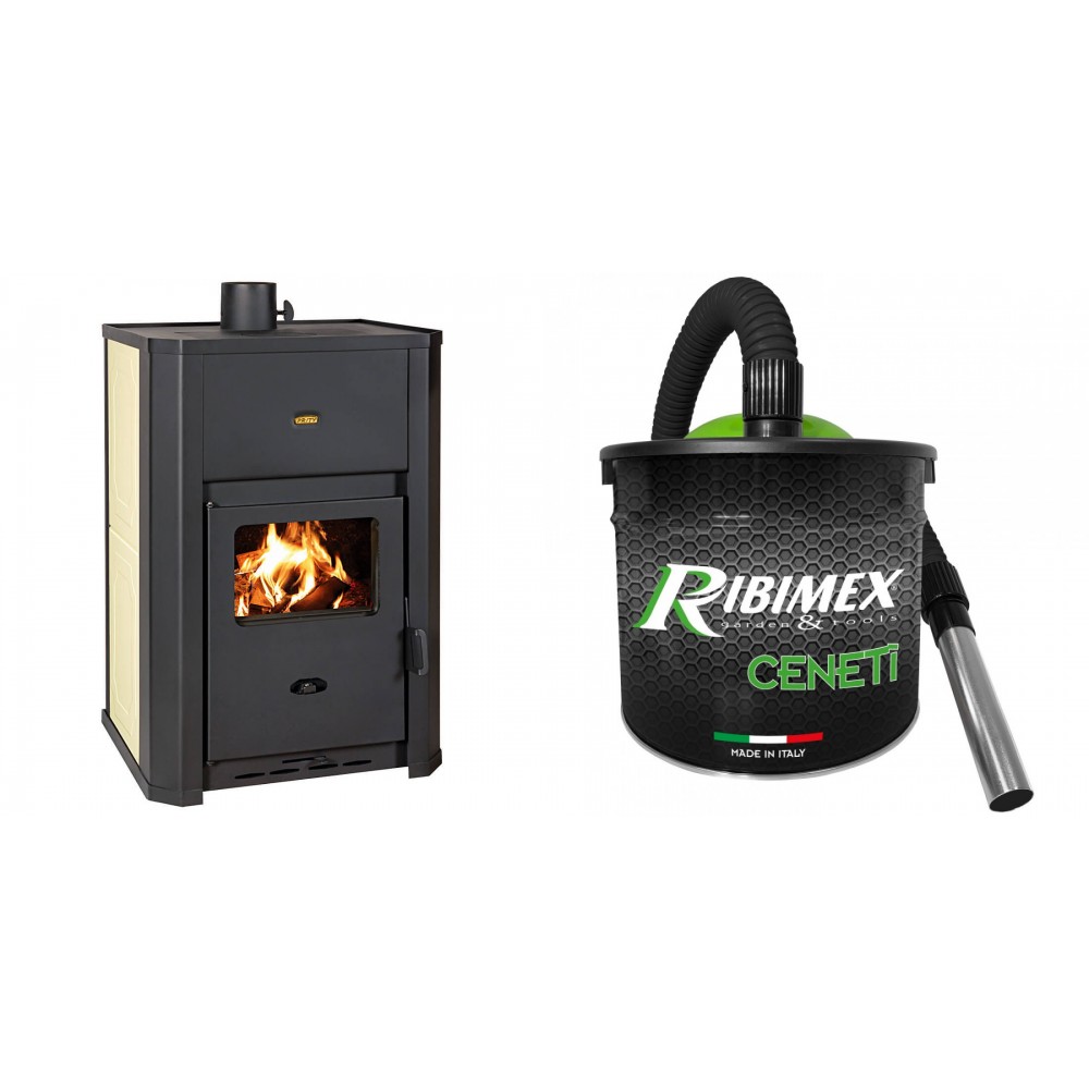 Set Kaminofen, Holzofen Wasserführend Prity WD W24 D, Leistung 24.3kW + Elektrischer Aschesauger Ribimex, Modell Cenetì, Fassungsvermögen 15 L