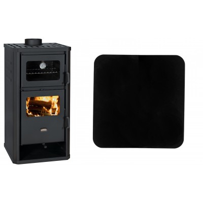 Set Kaminofen, Holzofen mit Backfach Prity, Modell FM D, Leistung 12.1kW + Funkenschutzplatte Stahl 2mm, Größe 98x98cm - Kaminofen - Holzofen mit Backfach
