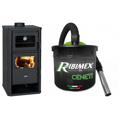 Set Kaminofen, Holzofen mit Backfach Prity, Modell FM D, Leistung 12.1kW + Elektrischer Aschesauger Ribimex, Modell Cenetì, Fassungsvermögen 15 L - Kaminofen - Holzofen mit Backfach