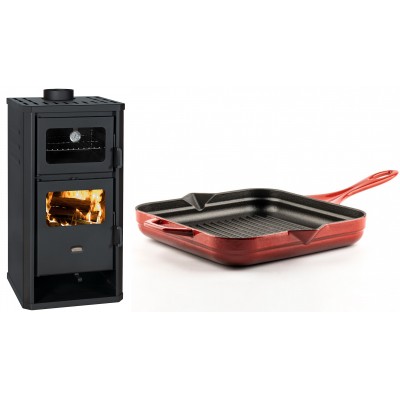 Set Kaminofen, Holzofen mit Backfach Prity, Modell FM D, Leistung 12.1kW + Emaillierte grillpfanne Gusseisen Solagio, Rubin, 28x28cm - Kaminofen - Holzofen mit Backfach