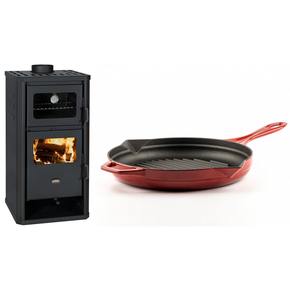 Set Kaminofen, Holzofen mit Backfach Prity, Modell FM D, Leistung 12.1kW + Emaillierte grillpfanne Gusseisen Solagio, Rubin, Ф28cm | Holzofen | Kaminofen |