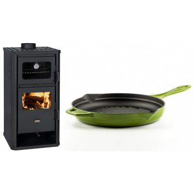 Set Kaminofen, Holzofen mit Backfach Prity, Modell FM D, Leistung 12.1kW + Emaillierte grillpfanne Gusseisen Solagio, Bamboo, Ф28cm - Kaminofen - Holzofen mit Backfach