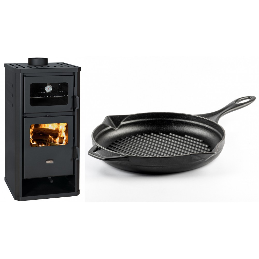Set Kaminofen, Holzofen mit Backfach Prity, Modell FM D, Leistung 12.1kW + Emaillierte grillpfanne Gusseisen Solagio, Black Onyx, Ф28cm | Holzofen | Kaminofen |