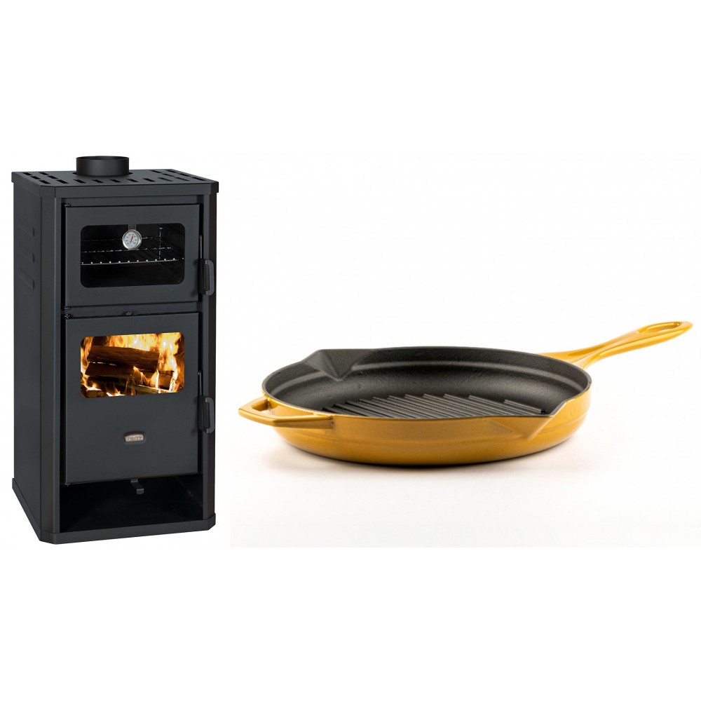 Set Kaminofen, Holzofen mit Backfach Prity, Modell FM D, Leistung 12.1kW + Emaillierte grillpfanne Gusseisen Solagio, Dijon, Ф28cm