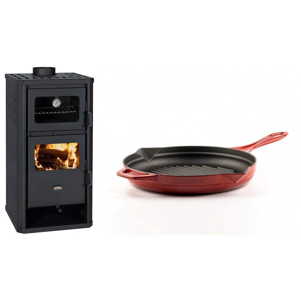 Set Kaminofen, Holzofen mit Backfach Prity, Modell FM D, Leistung 12.1kW + Emaillierte grillpfanne Gusseisen Solagio, Rubin, Ф24cm | Holzofen | Kaminofen |