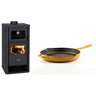 Set Kaminofen, Holzofen mit Backfach Prity, Modell FM D, Leistung 12.1kW + Emaillierte grillpfanne Gusseisen Solagio, Dijon, Ф24cm - Kaminofen - Holzofen mit Backfach