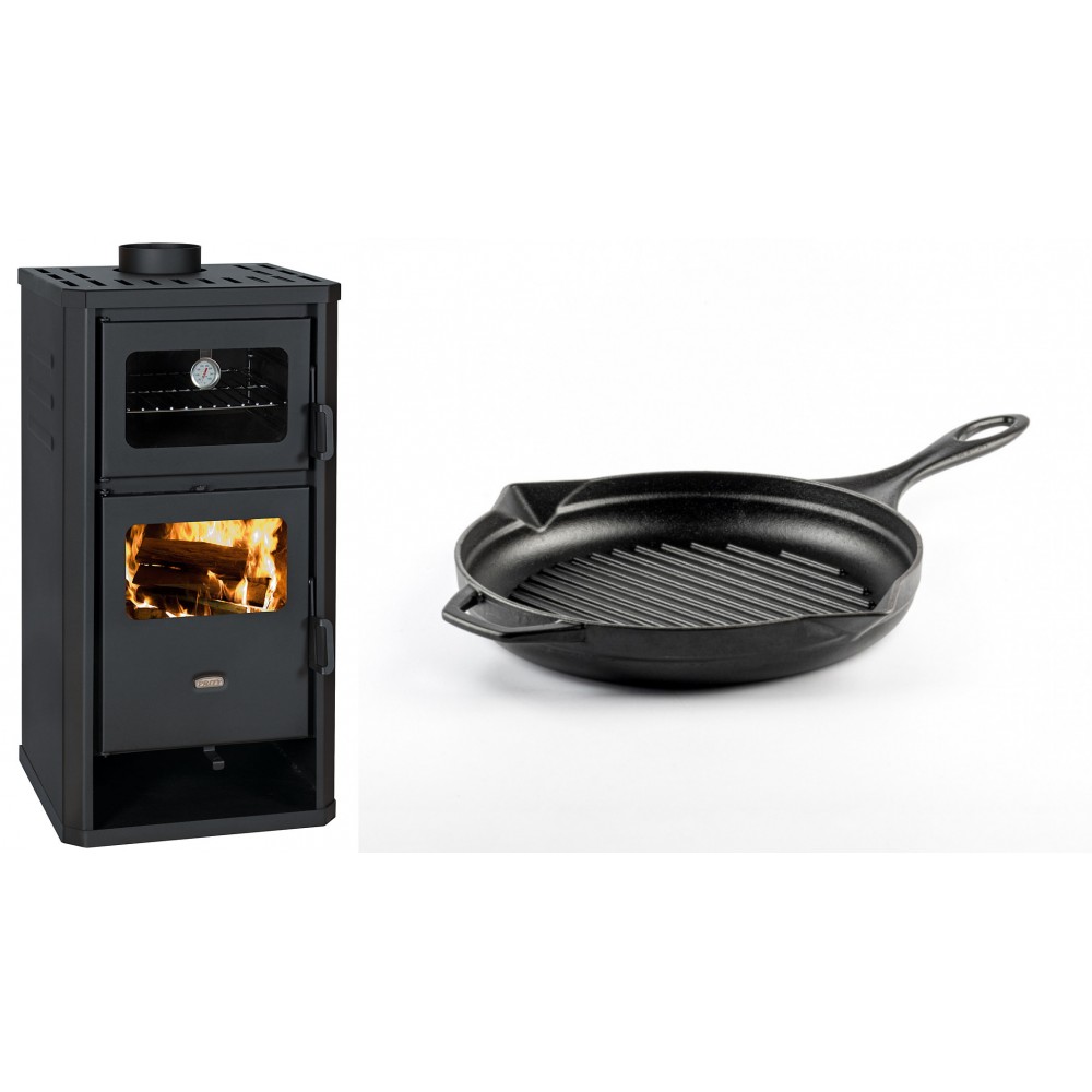 Set Kaminofen, Holzofen mit Backfach Prity, Modell FM D, Leistung 12.1kW + Emaillierte grillpfanne Gusseisen Solagio, Black Onyx, Ф24cm | Holzofen | Kaminofen |