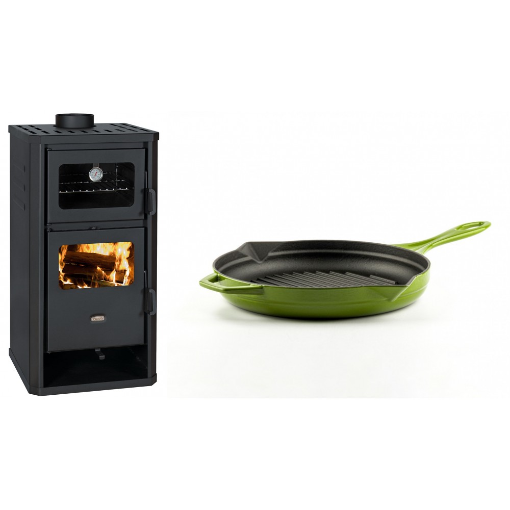 Set Kaminofen, Holzofen mit Backfach Prity, Modell FM D, Leistung 12.1kW + Emaillierte grillpfanne Gusseisen Solagio, Bamboo, Ф24cm | Holzofen | Kaminofen |