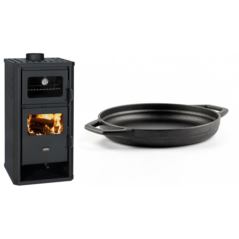 Set Kaminofen, Holzofen mit Backfach Prity, Modell FM D, Leistung 12.1kW + Emaillierte gusseisenpfanne mit zwei Griffen Solagio, Black Onyx, Ф22cm | Holzofen | Kaminofen |