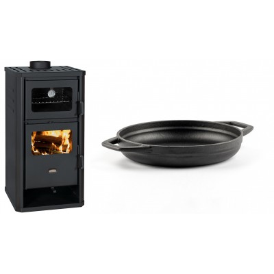 Set Kaminofen, Holzofen mit Backfach Prity, Modell FM D, Leistung 12.1kW + Emaillierte gusseisenpfanne mit zwei Griffen Solagio, Black Onyx, Ф19cm - Kaminofen - Holzofen mit Backfach