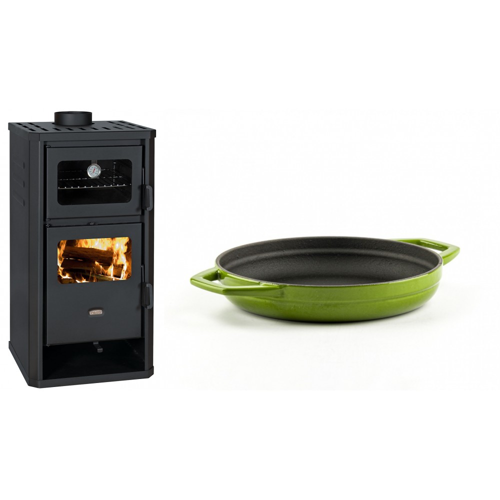 Set Kaminofen, Holzofen mit Backfach Prity, Modell FM D, Leistung 12.1kW + Emaillierte gusseisenpfanne mit zwei Griffen Solagio, Bamboo, Ф19cm | Holzofen | Kaminofen |