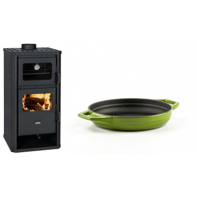 Set Kaminofen, Holzofen mit Backfach Prity, Modell FM D, Leistung 12.1kW + Emaillierte gusseisenpfanne mit zwei Griffen Solagio, Bamboo, Ф16cm - Kaminofen - Holzofen mit Backfach