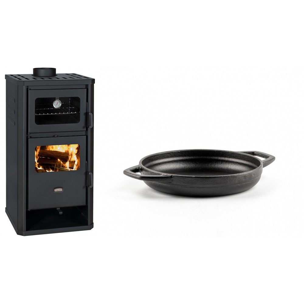 Set Kaminofen, Holzofen mit Backfach Prity, Modell FM D, Leistung 12.1kW + Emaillierte gusseisenpfanne mit zwei Griffen Solagio, Black Onyx, Ф16cm | Holzofen | Kaminofen |