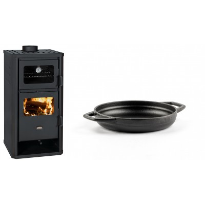 Set Kaminofen, Holzofen mit Backfach Prity, Modell FM D, Leistung 12.1kW + Emaillierte gusseisenpfanne mit zwei Griffen Solagio, Black Onyx, Ф16cm - Kaminofen - Holzofen mit Backfach