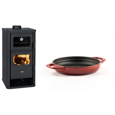 Set Kaminofen, Holzofen mit Backfach Prity, Modell FM D, Leistung 12.1kW + Emaillierte gusseisenpfanne mit zwei Griffen Solagio, Rubin, Ф16cm - Kaminofen - Holzofen mit Backfach