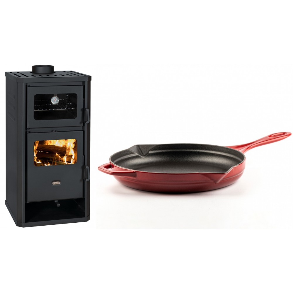 Set Kaminofen, Holzofen mit Backfach Prity, Modell FM D, Leistung 12.1kW + Emaillierte Gusseisenpfanne Solagio, Rubin, Ф28cm