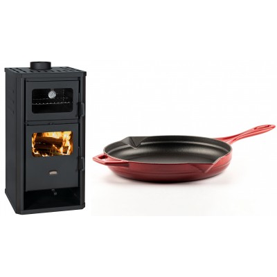 Set Kaminofen, Holzofen mit Backfach Prity, Modell FM D, Leistung 12.1kW + Emaillierte Gusseisenpfanne Solagio, Rubin, Ф28cm - Kaminofen - Holzofen mit Backfach