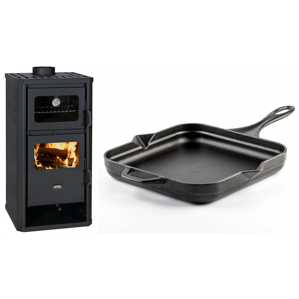 Set Kaminofen, Holzofen mit Backfach Prity, Modell FM D, Leistung 12.1kW + Emaillierte Gusseisenpfanne Solagio, Black Onyx, 28x28cm