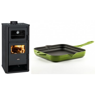 Set Kaminofen, Holzofen mit Backfach Prity, Modell FM D, Leistung 12.1kW + Emaillierte Gusseisenpfanne Solagio, Bamboo, 28x28cm - Kaminofen - Holzofen mit Backfach