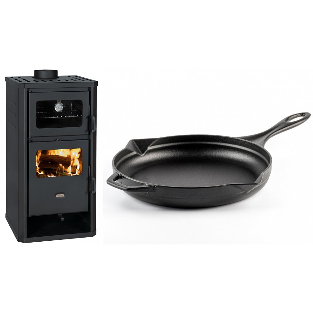 Set Kaminofen, Holzofen mit Backfach Prity, Modell FM D, Leistung 12.1kW + Emaillierte Gusseisenpfanne Solagio, Black Onyx, Ф28cm | Holzofen | Kaminofen |
