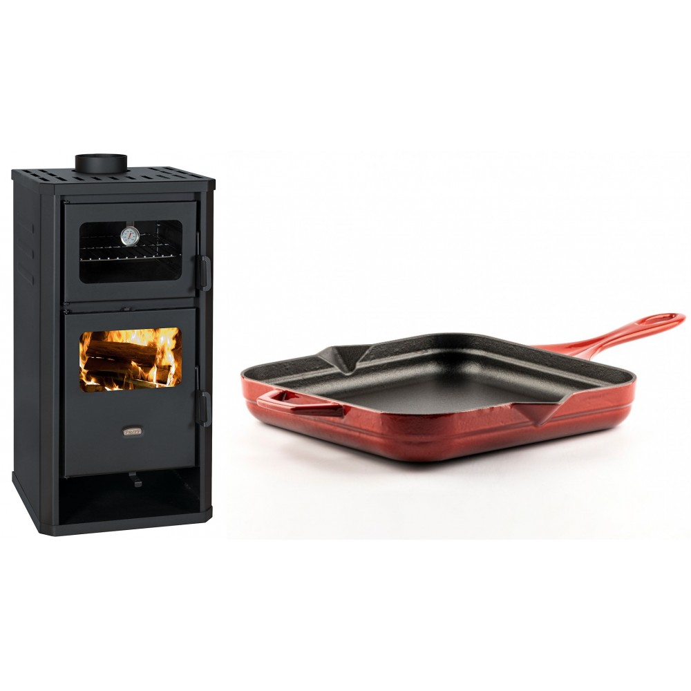 Set Kaminofen, Holzofen mit Backfach Prity, Modell FM D, Leistung 12.1kW + Emaillierte Gusseisenpfanne Solagio, Rubin, 28x28cm | Holzofen | Kaminofen |
