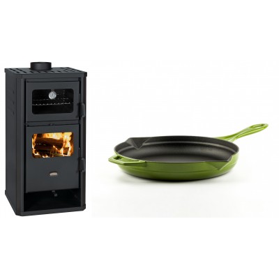 Set Kaminofen, Holzofen mit Backfach Prity, Modell FM D, Leistung 12.1kW + Emaillierte Gusseisenpfanne Solagio, Bamboo, Ф24cm - Kaminofen - Holzofen mit Backfach